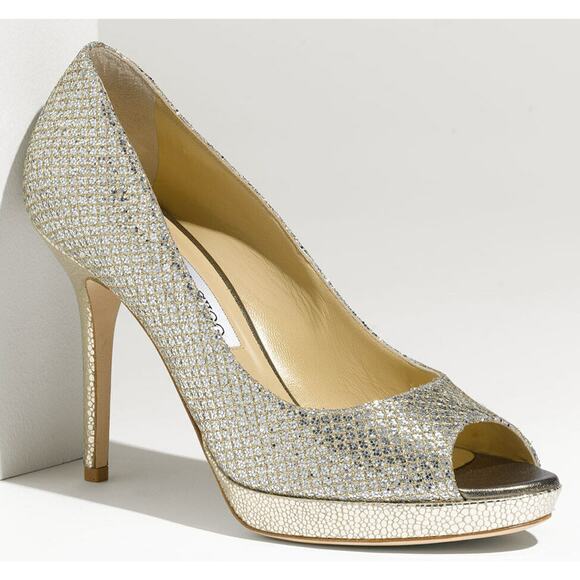 Jimmy Choo Luna Glitter Peep Toe Pumps SZ 37.5 High Heels platform - Picture 1 of 12
